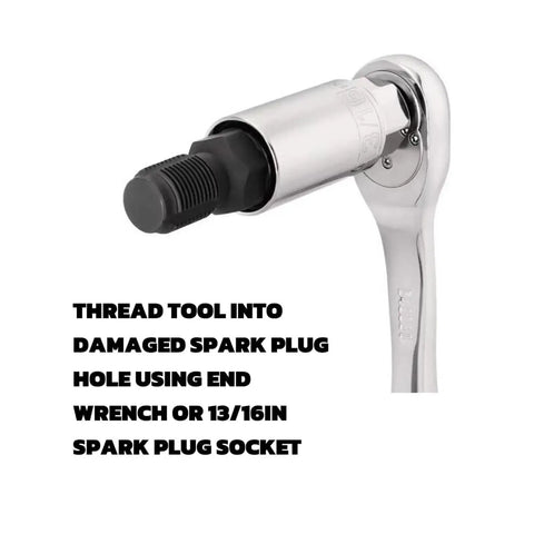 Dual Size Spark Plug Thread Chaser Tool For M10 1.0, M12 1.25, M14 1.5, M18 1.5 Threads With A 13 Sixteenth Inch Hex Head Black Steel Construction For Quick Rethreading And Cleaning Pro Grade 2 Pack shown in a wrench.
