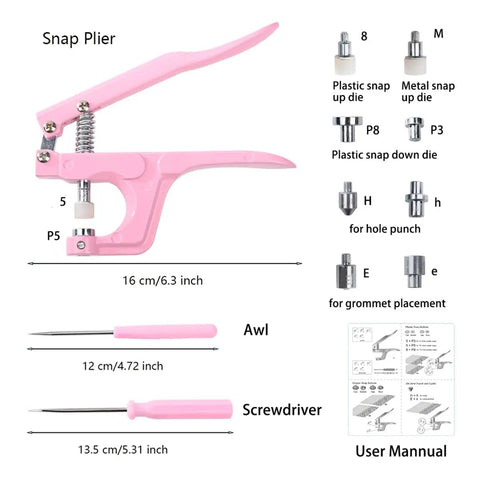 Pink plier set from All In One Plastic Snap Fastener Kit With Pliers Set Includes 270 Sets Resin And Metal Snaps For Sewing And Crafting Pink