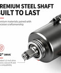 Close-up of Professional Grade Half Inch Air Impact Wrench Boasting Dual Hammer Action And Stepless Speed Trigger showcasing steel shaft and 1/2 drive.