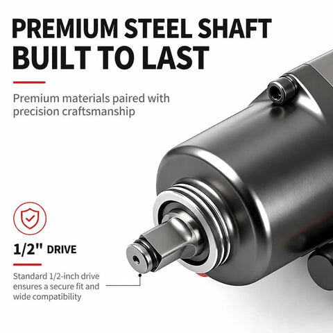 Close-up of Professional Grade Half Inch Air Impact Wrench Boasting Dual Hammer Action And Stepless Speed Trigger showcasing steel shaft and 1/2 drive.