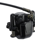 Black hydraulic disc brake caliper kit with hose and mounting springs for dirt bikes/ATVs.