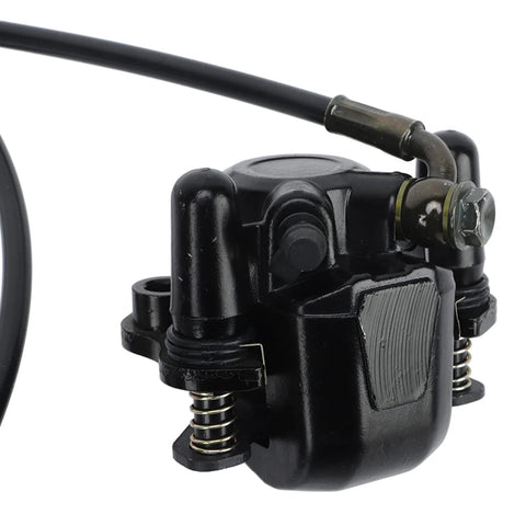 Black hydraulic disc brake caliper kit with hose and mounting springs for dirt bikes/ATVs.
