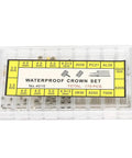 Watch Repair Tool Kit With Crown Tool Set, Stem Extender And Crown Replacement Parts displayed in labeled storage box