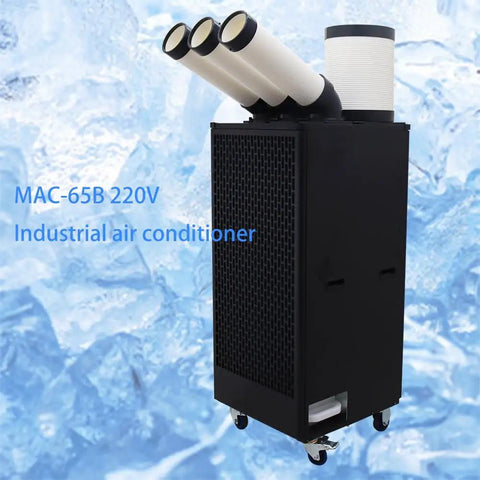 Heavy Duty Industrial Portable Air Conditioner Delivers Killer 22500 BTU Chill With Smooth Rolling Casters And 13L Water Tank standing beside ice, featuring three cooling hoses.