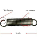 Heavy Duty Stainless Steel Tension Extension Springs, High Strength 65Mn Metal Coils with Wire and Outer Diameter measurements.