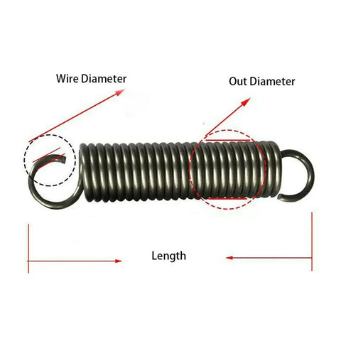 Heavy Duty Stainless Steel Tension Extension Springs, High Strength 65Mn Metal Coils with Wire and Outer Diameter measurements.