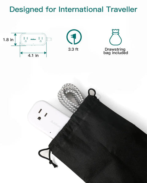 All In One Worldwide Travel Adapter With Dual AC Outlets And Dual USB Ports 20W USB C PD in black drawstring bag