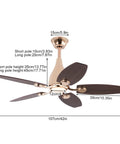 Ceiling Fan with Built-in Light and Handheld Switch, 5 Blades, Modern, dimensions shown with short and long pole heights.