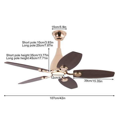 Ceiling Fan with Light 45W Wireless Remote 5 Blades Iron Indoor Mount, details showing dimensions and sturdy design.