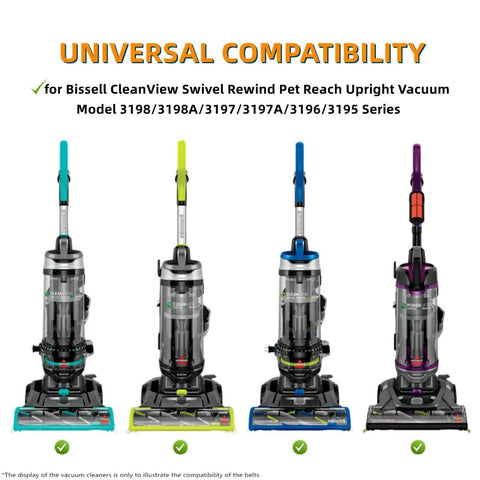 Replacement Vacuum Belts for Bissell CleanView Swivel Rewind Pet Reach Upright Models 3195 3196 3197 3197A 3198 3198A Pack of 2 Elastic Rubber Belts Built for Durability Easy Fit Strong Suction Long Lasting Performance. Compatible Bissell vacuums shown