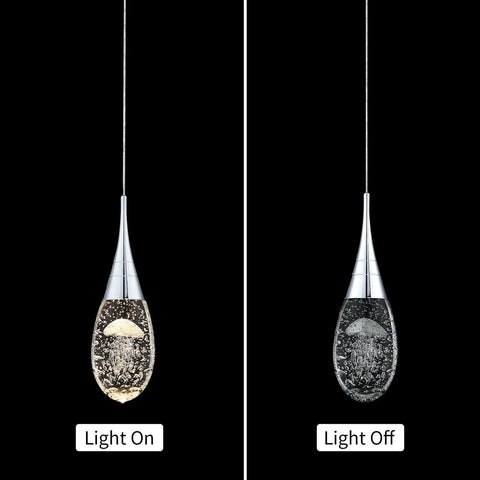 Mini Crystal Pendant Light With Dimmable LED And Three Color Temperatures From 3000K To 6000K Modern Chrome Finish Bubble Crystal Teardrop Accent Ideal For Kitchen Island Or Bathroom Sleek Modern Mood Lighting, light on and off comparison
