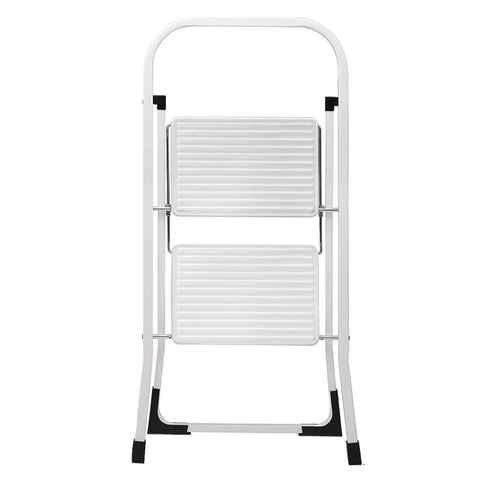 Two Step Folding Ladder With Handgrip And Wide Anti Slip Pedals Heavy Duty Safe Lightweight Step Stool For Kitchen Or Closet Portable And Durable Two Feet Tall folded view.