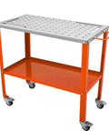 Tough As Nails Steel Welding Table 36 By 18 Inch Portable Workbench on easy roll brake casters with orange frame and perforated top.