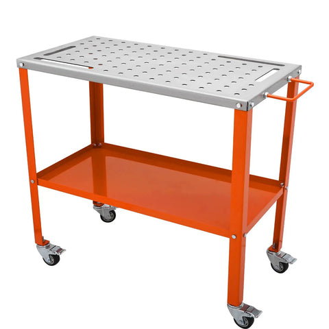 Tough As Nails Steel Welding Table 36 By 18 Inch Portable Workbench on easy roll brake casters with orange frame and perforated top.