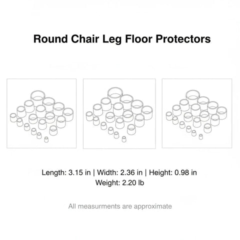 Diagram of slip on round chair leg floor protectors for hardwood floors with black PU leather cushioned glide pads.