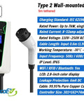 Type 2 Wall Mounted EV Charger Station Smart 7Kw with 5m tethered cord and LCD display for home use.