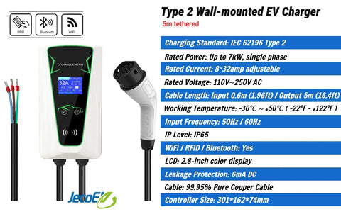 Type 2 Wall Mounted EV Charger Station Smart 7Kw with 5m tethered cord and LCD display for home use.