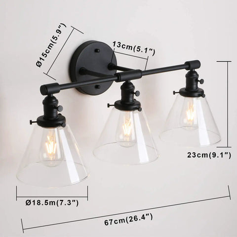 Three Light Dope Vintage Industrial Wall Sconce With Funnel Flared Clear Glass Shade In Black Finish E26 Base Bulb Not Included