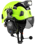 Top Shelf Ventilated Hard Hat With Dual Layer Visor Bluetooth Earmuffs And Led Headlamp Ansi Certified Construction Safety Gear Built Heavy Duty For Forestry And Industrial Grind No Sweat side view with integrated lamp and microphone