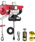 VEVOR electric hoist side view with wireless remote, 110V, 440 lb capacity; red housing, remote, hook, strap.
