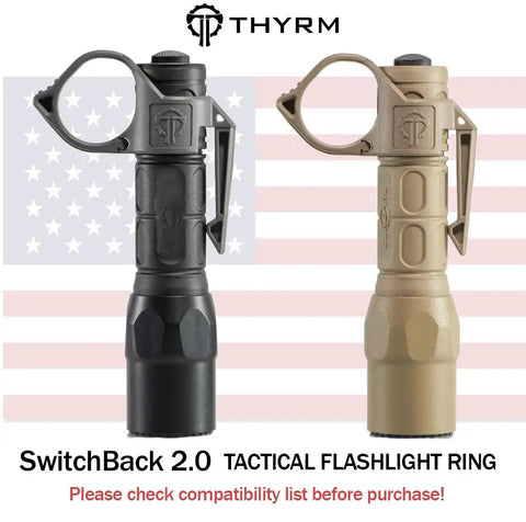 Switchback Large 2.0 Flashlight Ring With Pocket Clip for 1-Inch Tactical Lights, Black and Tan, Finger Retention Loop, Made In USA