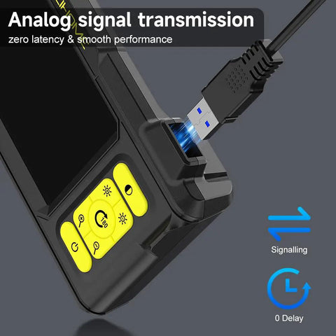 1080P HD Endoscope With Light 4.3 Inch IPS Display close-up showing USB cable connection and yellow control buttons