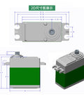 15Kg Digital RC Servo Motor With Metal Gear Waterproof 25T Servo Horn 180 Degree Steering for RC Cars Trucks Boats Green dimensions