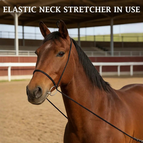 Elastic Horse Training Reins For Lunging And Groundwork Adjustable Neck Stretcher in use on horse in arena