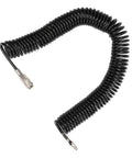 Top Shelf Heavy Duty Retractable Air Hose Compressor Hookup With Kink Free Bend Limiter And Easy Self Rewind Reel For Tough Shop Projects And Fast Tire Inflation Plus Dang Near Indestructible Rubber Wrap, coiled black air hose with connectors.