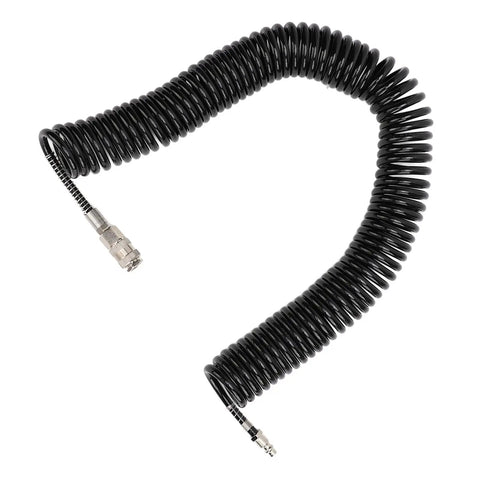 Top Shelf Heavy Duty Retractable Air Hose Compressor Hookup With Kink Free Bend Limiter And Easy Self Rewind Reel For Tough Shop Projects And Fast Tire Inflation Plus Dang Near Indestructible Rubber Wrap, coiled black air hose with connectors.