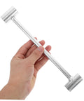 Hand holding Door Hinge Adjustment Tool Pro Grade Heavy Duty Wrench for Precision Alignment and Hinge Repair by MagicLulu, stainless steel.
