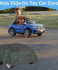 Waterproof Kids Ride On Car Cover That Shields Large Ride On Trucks And Toy Cars From Rain Sun Dust And Leaves With Windproof Straps And Elastic Hem Keeps Toys Dry Clean And Ready To Play Longer, covering a ride-on toy car.