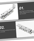 Premium Heavy Duty Barn Door Slider Track Wheel Kit With Smooth Silent Rolling Bearings For Quick Hassle Free Setup And Top Shelf Pantry Bedroom Closet Hardware, close-up of roller stopper and guide.