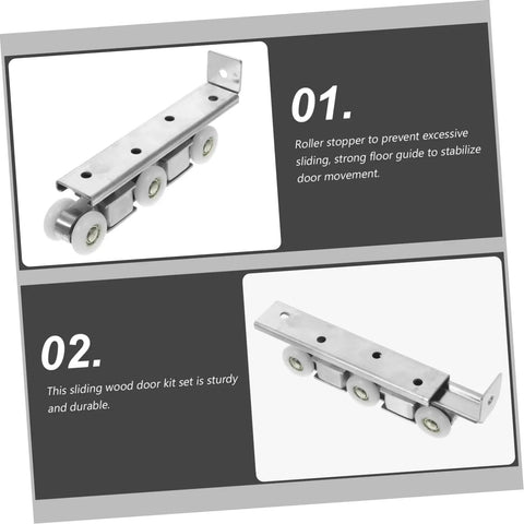 Premium Heavy Duty Barn Door Slider Track Wheel Kit With Smooth Silent Rolling Bearings For Quick Hassle Free Setup And Top Shelf Pantry Bedroom Closet Hardware, close-up of roller stopper and guide.