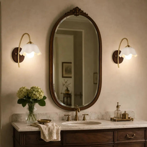 Vintage Wireless Wall Sconces Set of Two Dimmable Rechargeable Wall Sconce over elegant bathroom sink with mirror.