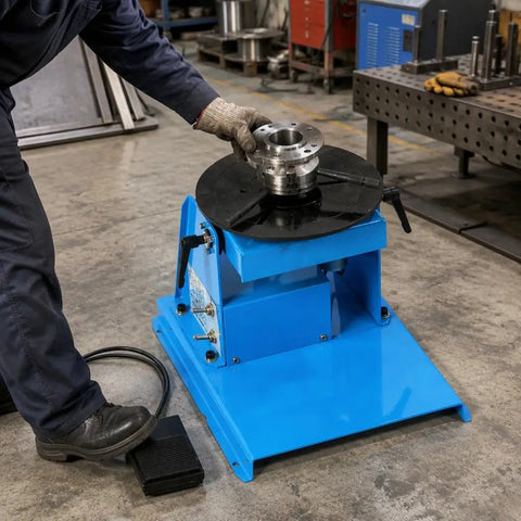 Boss Level Rotary Welding Positioner With Variable Speed Foot Switch And Zero To Ninety Degree Tilt Table For Smooth Pipe Fabrication Work 10Kg Capacity in workshop setting.
