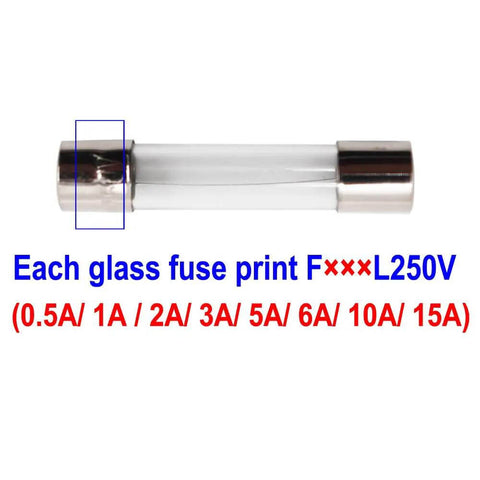Close-up of a 6x30mm fast blow glass fuse with metal caps and amperage ratings for Inline AGC Fuse Holder Kit With 5 Pieces 6x30mm