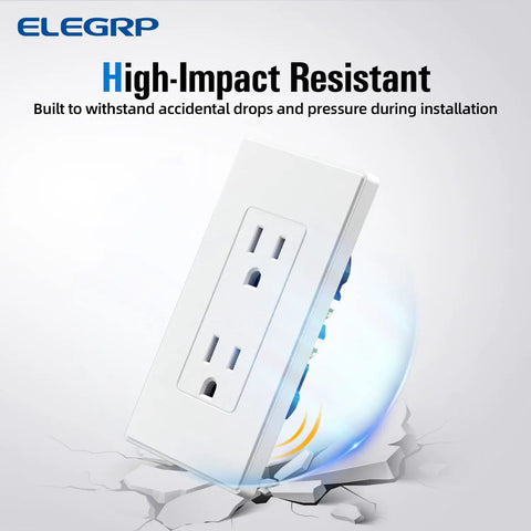 Matte White Decorator Wall Outlet 15A 125V NEMA 5-15R shown with impact-resistant design, highlighted with text