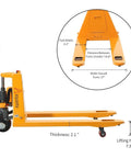 3300Lb Electric Pallet Jack With Li-ion Battery And Split Rocker Arm Forks Measure 48 By 27 Inches side view with detailed fork measurements.