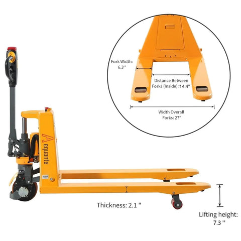3300Lb Electric Pallet Jack With Li-ion Battery And Split Rocker Arm Forks Measure 48 By 27 Inches side view with detailed fork measurements.
