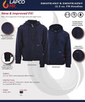 Hella Comfy Mens Flame Resistant Hoodie Sweatshirt With Heavyweight 12 5 Oz Fleece Pullover For Tough Industrial Job Site Work Wear Navy Cotton Acrylic Blend Meets Nfpa Atptv Hrc Safety Specs Xl Regular shown in new ergonomic fit design with adjustable drawcords.