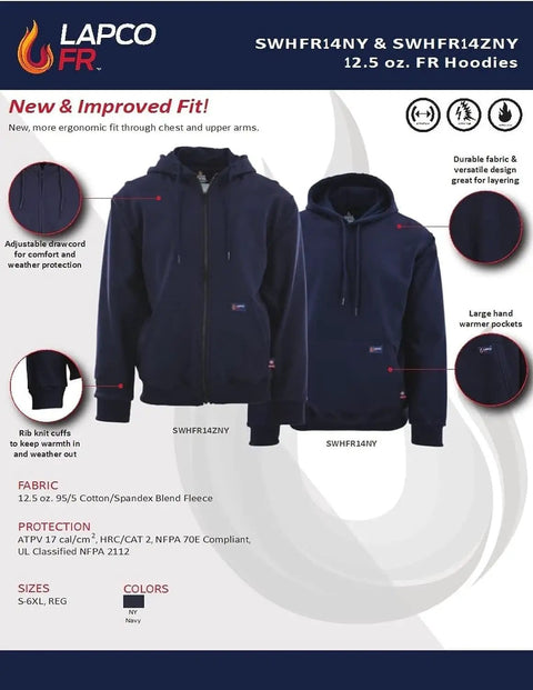 Hella Comfy Mens Flame Resistant Hoodie Sweatshirt With Heavyweight 12 5 Oz Fleece Pullover For Tough Industrial Job Site Work Wear Navy Cotton Acrylic Blend Meets Nfpa Atptv Hrc Safety Specs Xl Regular shown in new ergonomic fit design with adjustable drawcords.