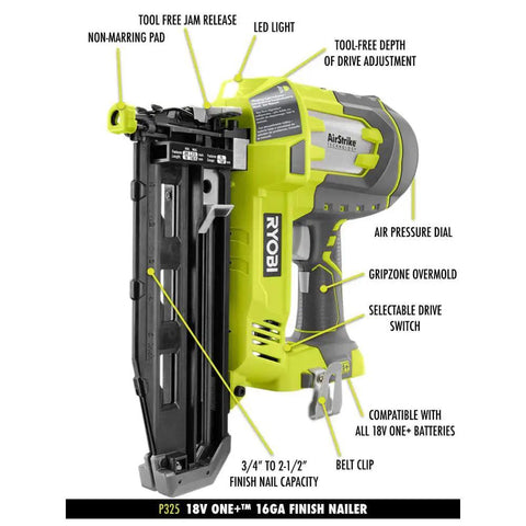 Cordless 16 Gauge Finish Nailer With LED Work Light And Depth Adjustable Air Pressure Control, 18V Lithium Powered, Tool Only