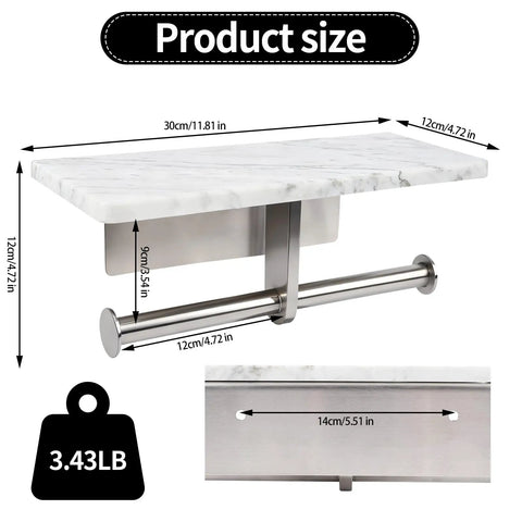 Wall Mounted Toilet Paper Holder With Natural Marble Shelf for Mega Rolls, Brushed Nickel Finish, Heavy Duty, Dimensions and Weight