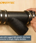 4 Inch Y Fitting Dust Collection Hose Connector For Woodworking Shop Systems Split One Hose To Two Machines Fits Inside 4 Inch Hoses And Secures With Clamp For Quick No Fuss Reliable Dust Collection shown being installed
