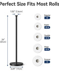 Dimensions of Free Standing Toilet Paper Holder With Reserve Function And Stainless Steel Spare Roll Storage, showing fit for various roll sizes.