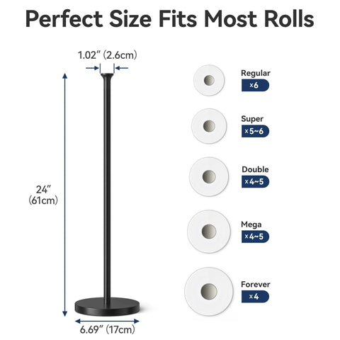 Dimensions of Free Standing Toilet Paper Holder With Reserve Function And Stainless Steel Spare Roll Storage, showing fit for various roll sizes.