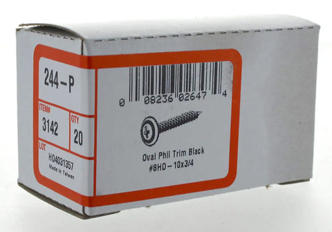 Tough As Nails No Sweat Trim Screws Featuring Razor Sharp Threads In Durable Black Phosphate Coating Ten By Three Quarters Inch straight up box view with details.