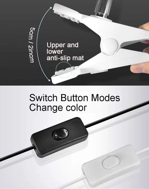 Clip On LED Desk Lamp With 5W Power, 360 Degree Rotatable Head, ultra bright light clip mount and color switch buttons.