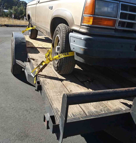 4 Pack 2 Inch By 14 Foot Wheel Straps For Car Trailer With Flat Hooks securing car on trailer